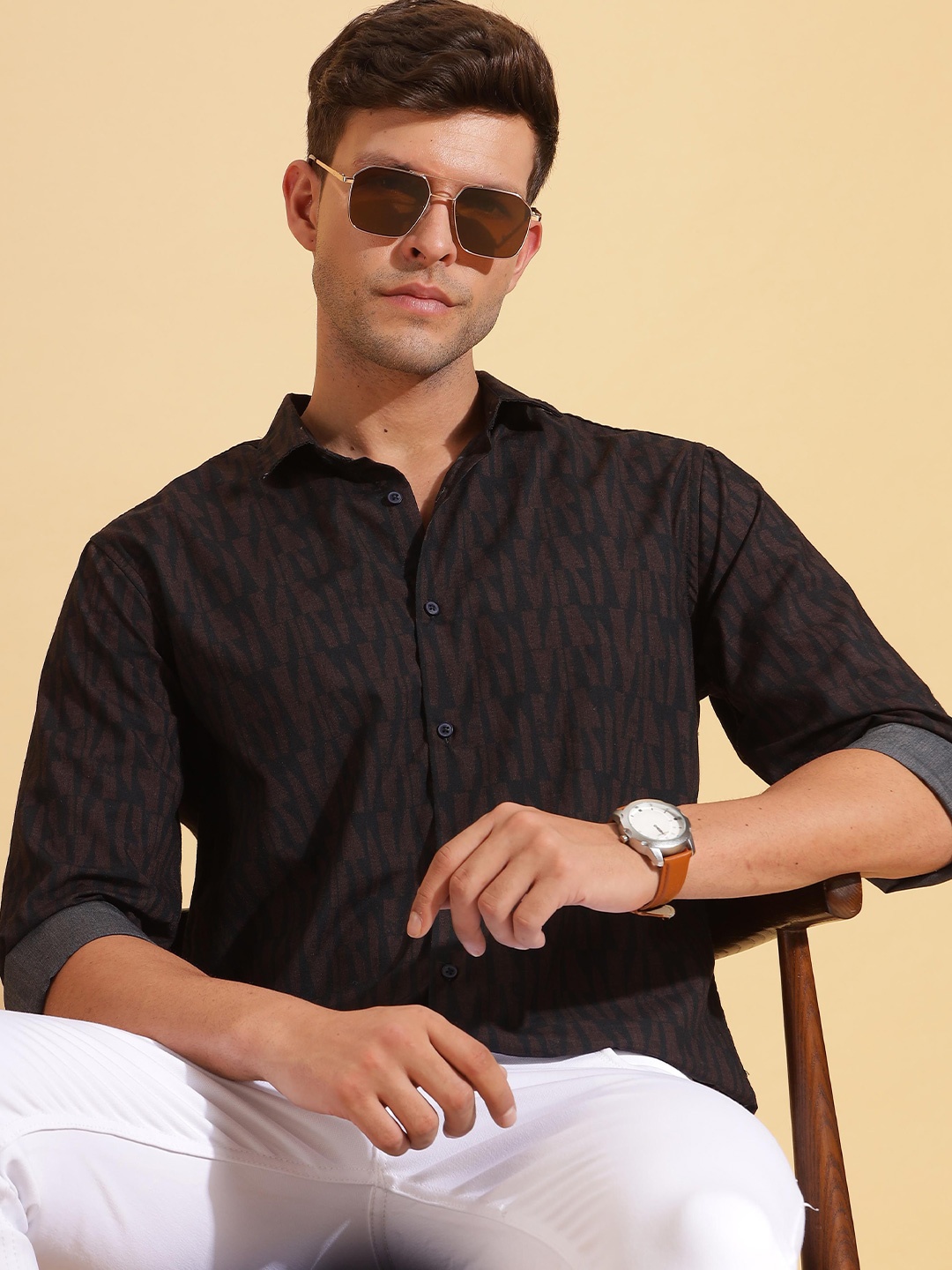 

HERE&NOW Slim Fit Abstract Printed Spread Collar Long Sleeves Cotton Shirt, Black