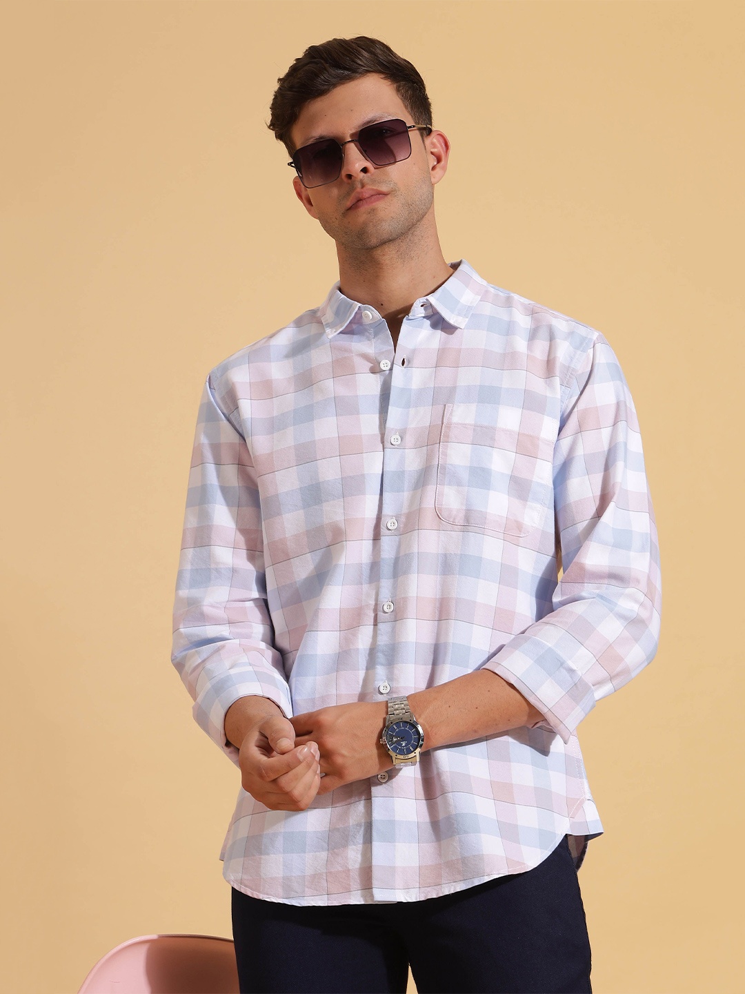 

HERE&NOW White Slim Fit Buffalo Checked Spread Collar Long sleeves Cotton Shirt