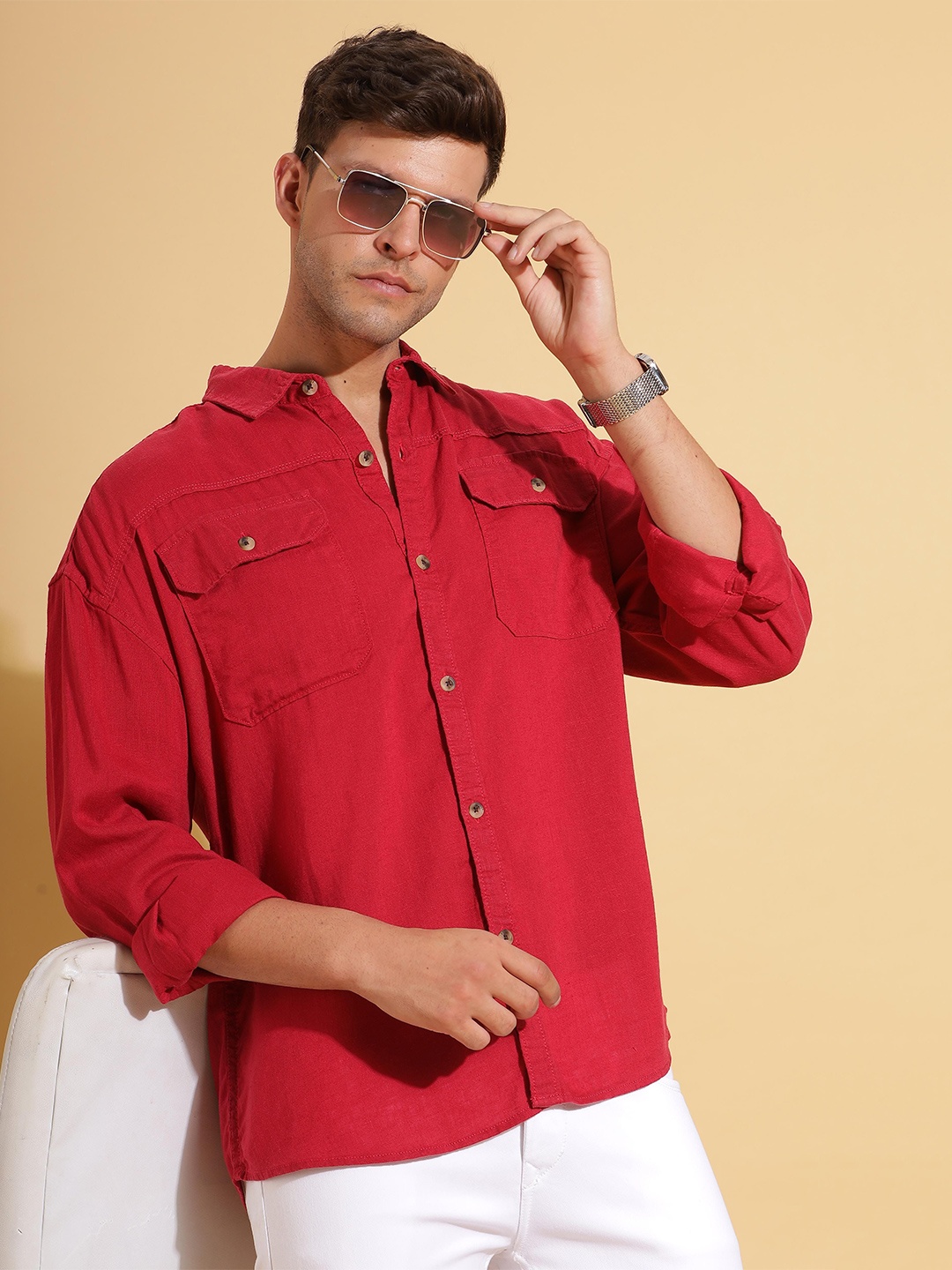 

HERE&NOW Spread Collar Drop Shoulder Sleeves Casual Shirt, Red