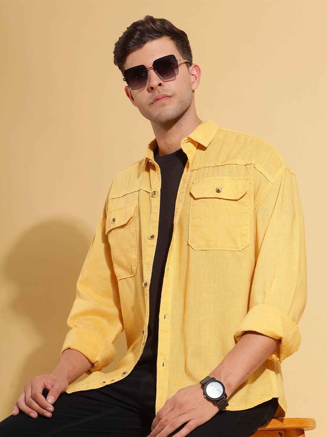 

HERE&NOW Relaxed Fit Spread Collar Linen Blend Chest Pocket Casual Shirt, Yellow