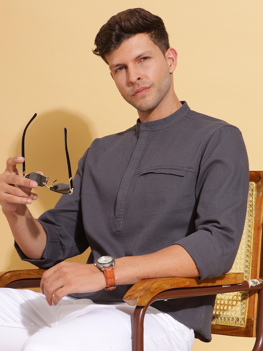 

HERE&NOW Grey Self Design Band collar Long Sleeves Cotton Shirt