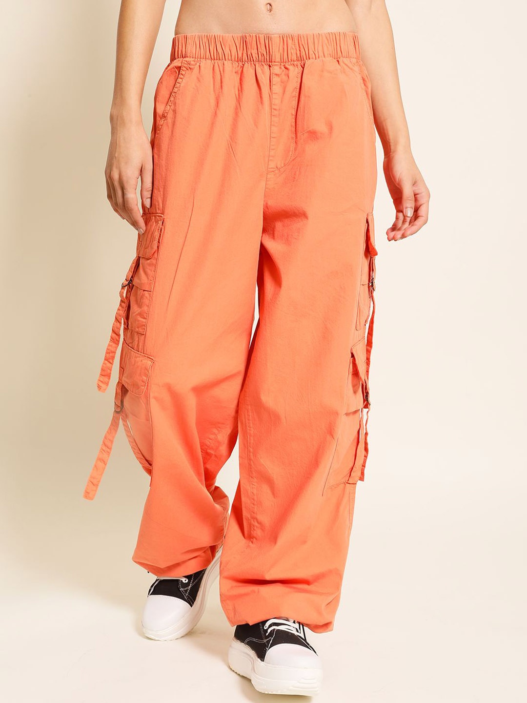 

The Roadster Lifestyle Co. Women Orange High Rise Parachute Fit Pure Cotton Cargo Trouser