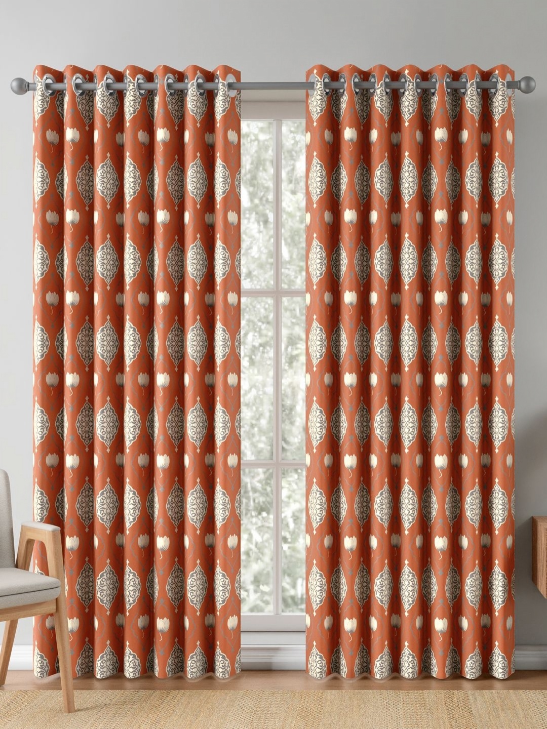 

India Circus by Krsnaa Mehta Orange & Grey 2 Pieces Ethnic Motifs Eyelet Window Curtains