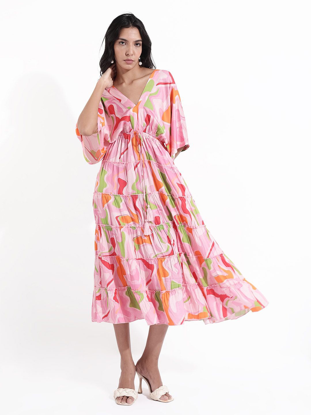 

RAREISM Printed Cotton Tiered A-Line Midi Dress, Pink