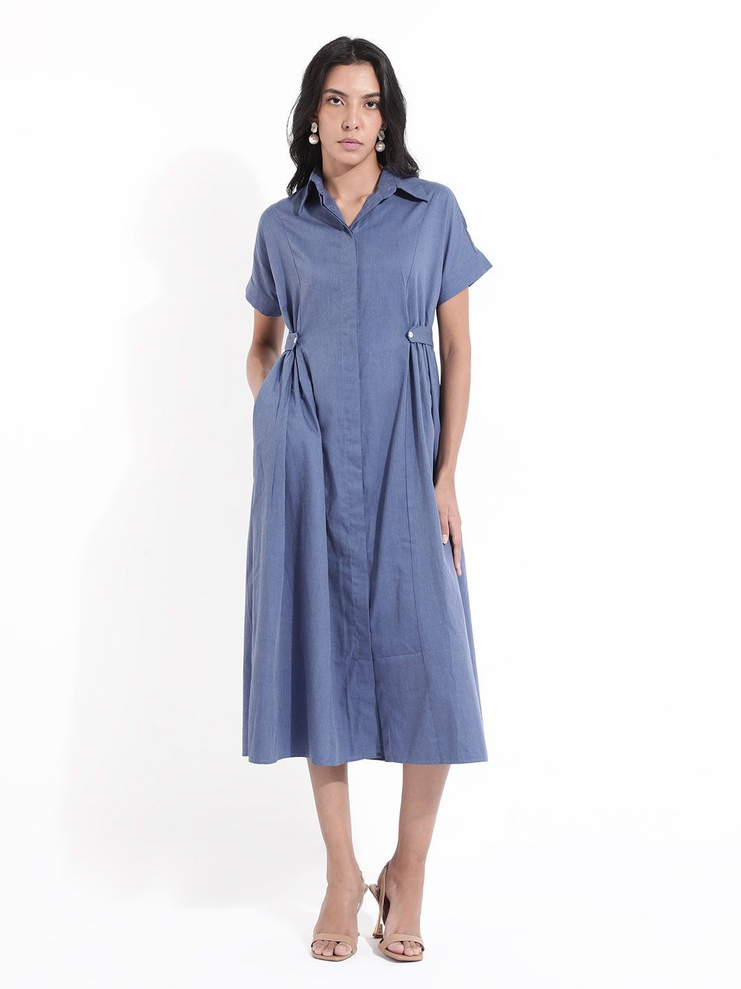 

RAREISM Shirt Style Short Sleeves Midi Dress, Blue