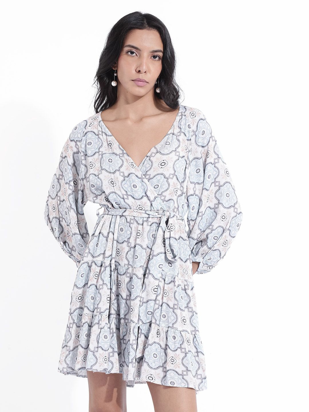 

RAREISM Ethnic Motifs Printed Wrap Cotton Dress, Blue