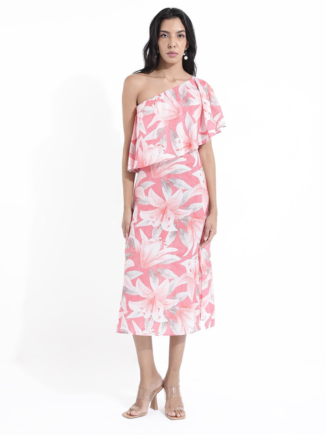 

RAREISM Floral Printed One-Shoulder Flared Sleeve A-Line Midi Dress, Pink