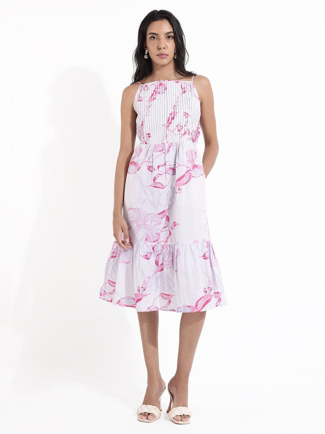 

RAREISM Floral Printed Fit & Flare Cotton Midi Dress, White