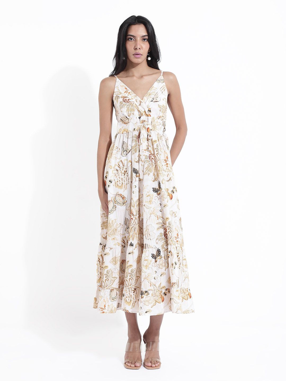 

RAREISM Fit & Flare Shoulder Strap Layered Midi Dress, Off white