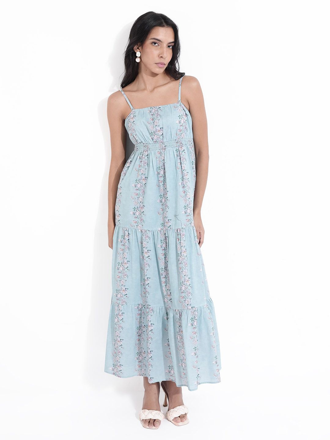 

RAREISM Ethnic Floral Motifs Printed A-Line Cotton Maxi Dress, Blue