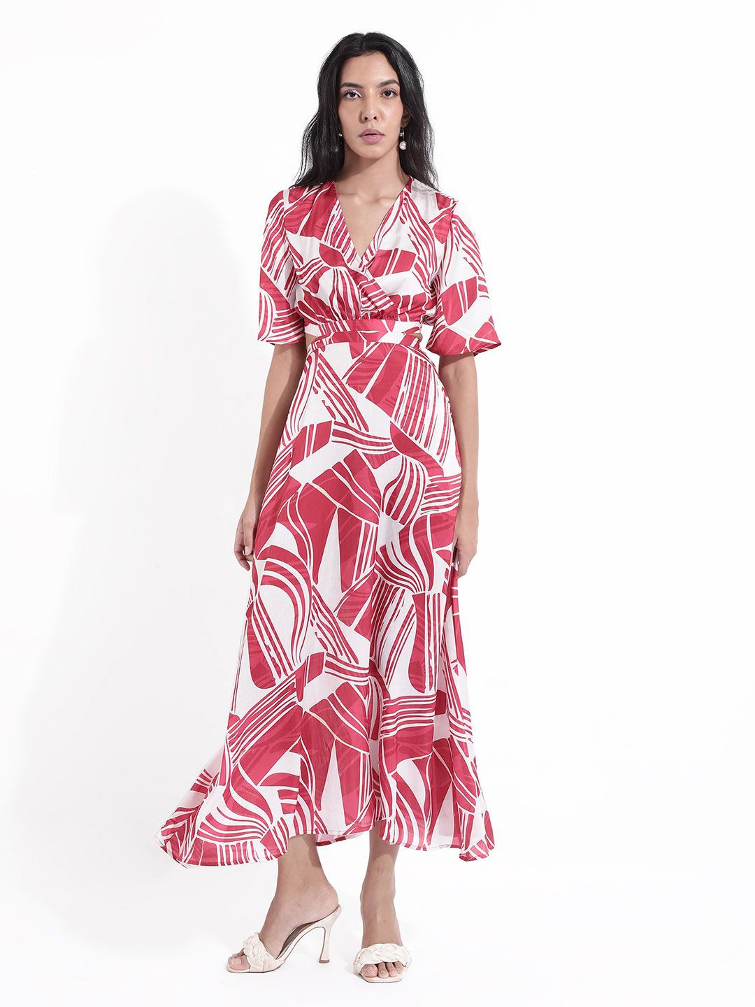 

RAREISM Abstract Printed Cut Out Cotton Fit & Flare Maxi Dress, Red