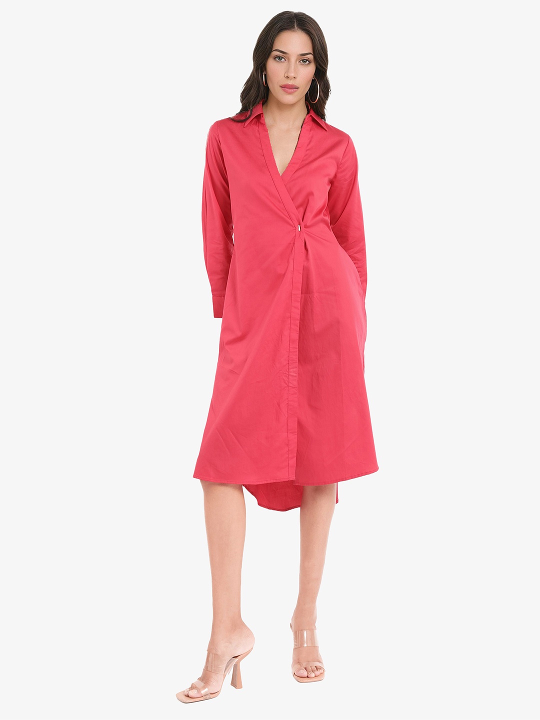 

RAREISM Shirt Style Cotton Midi Dress, Red