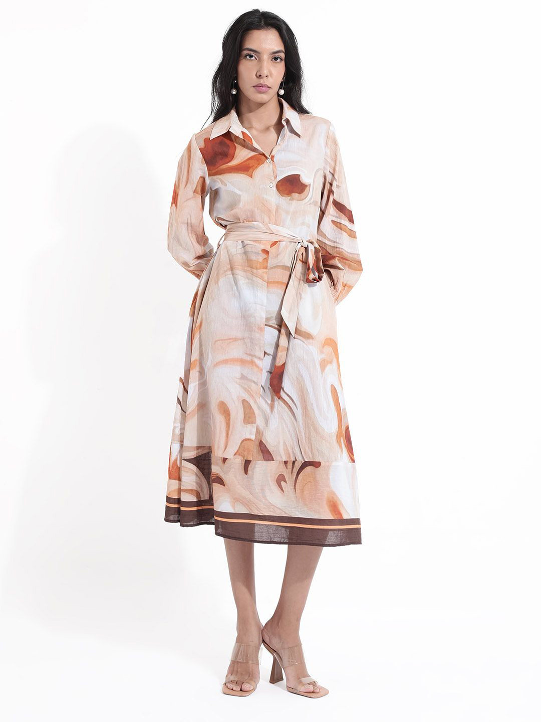 

RAREISM Printed A-Line Cotton Midi Dress, Brown