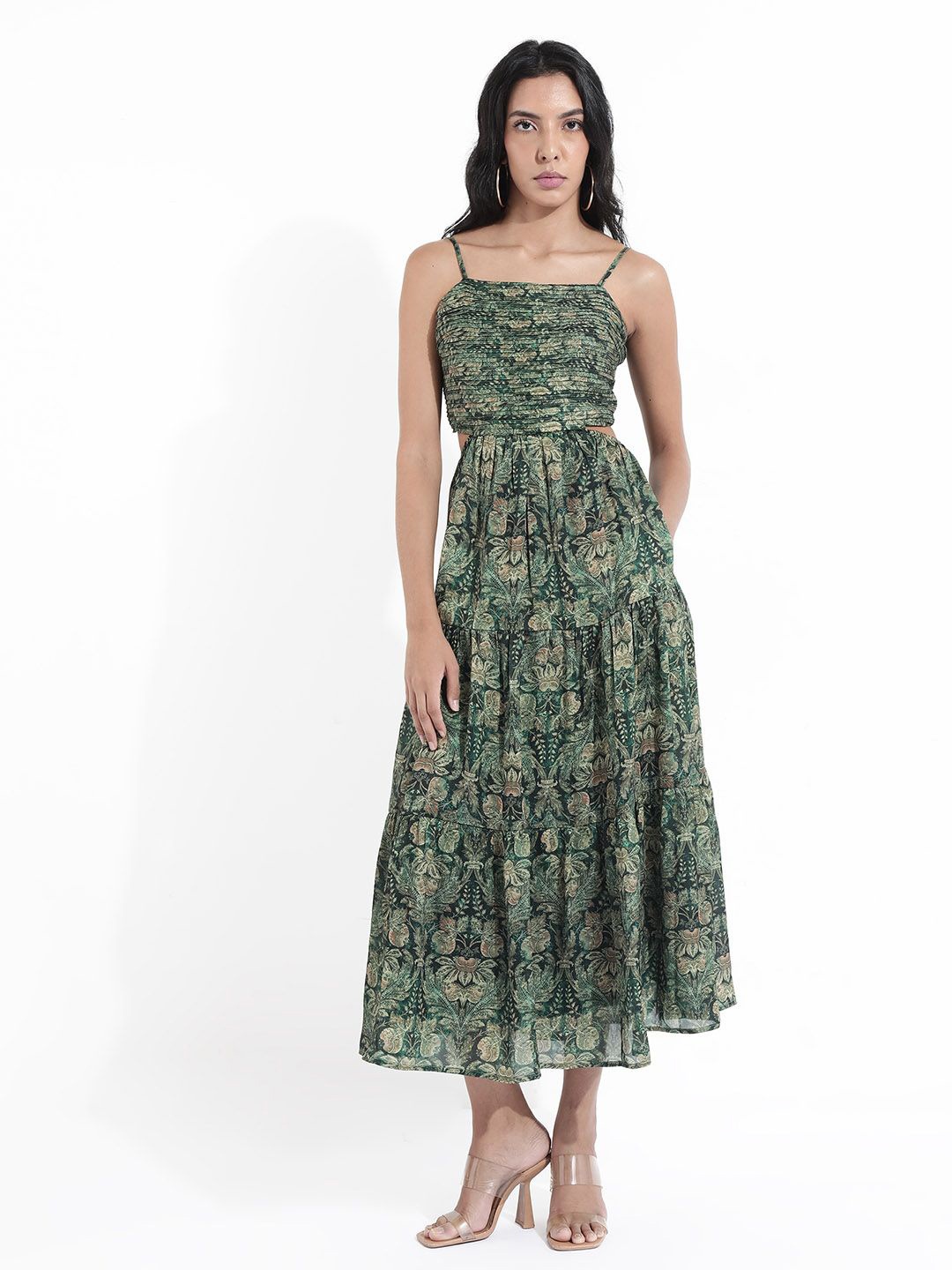 

RAREISM Floral Printed Fit & Flare Tiered Maxi Dress, Green