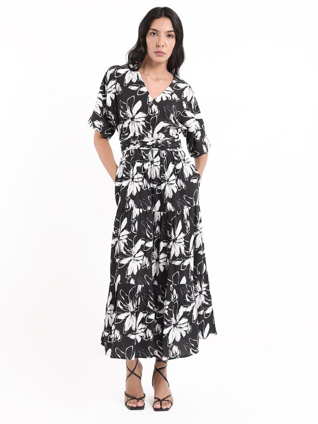 

RAREISM Floral Printed Fit & Flare Cotton Maxi Dress, Black