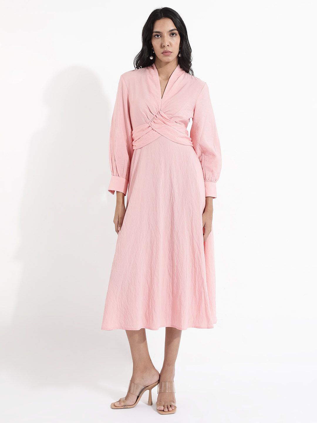 

RAREISM V Neck Puffed Sleeve Fit & Flare Cotton Midi Dress, Pink