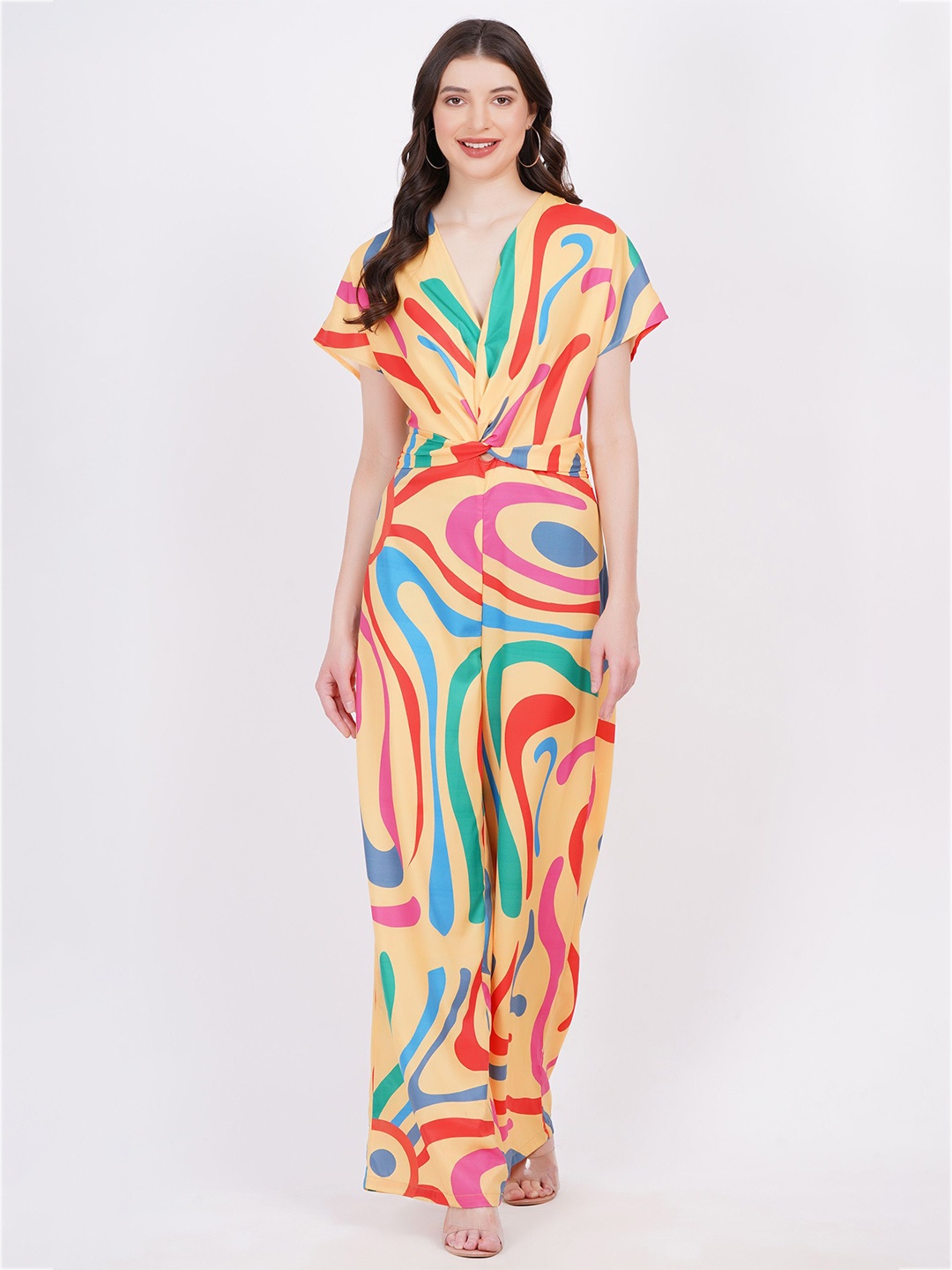 

MINGLAY Geometric Printed V-Neck Basic Jumpsuit, Yellow