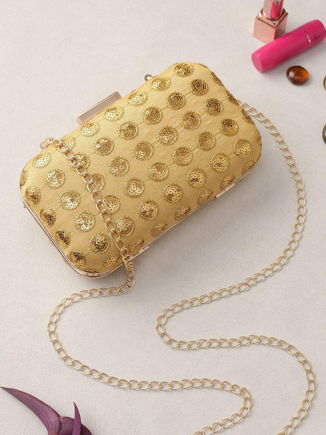 

Swisni Embroidered Box Clutch, Gold