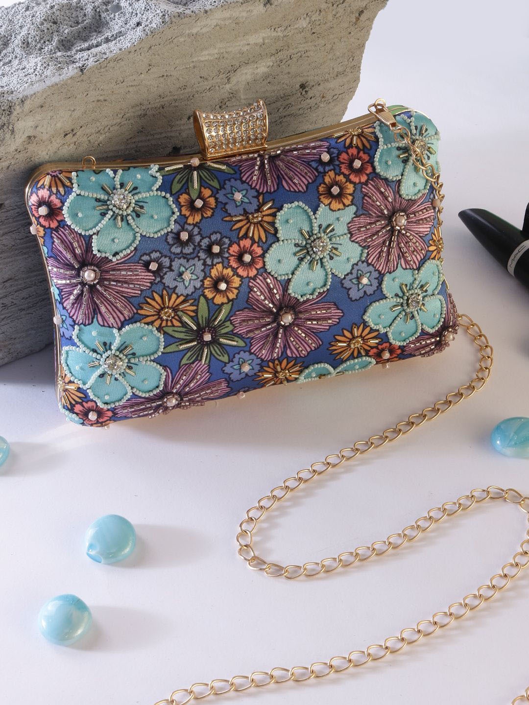 

Swisni Floral Printed Embellished Box Clutch, Blue