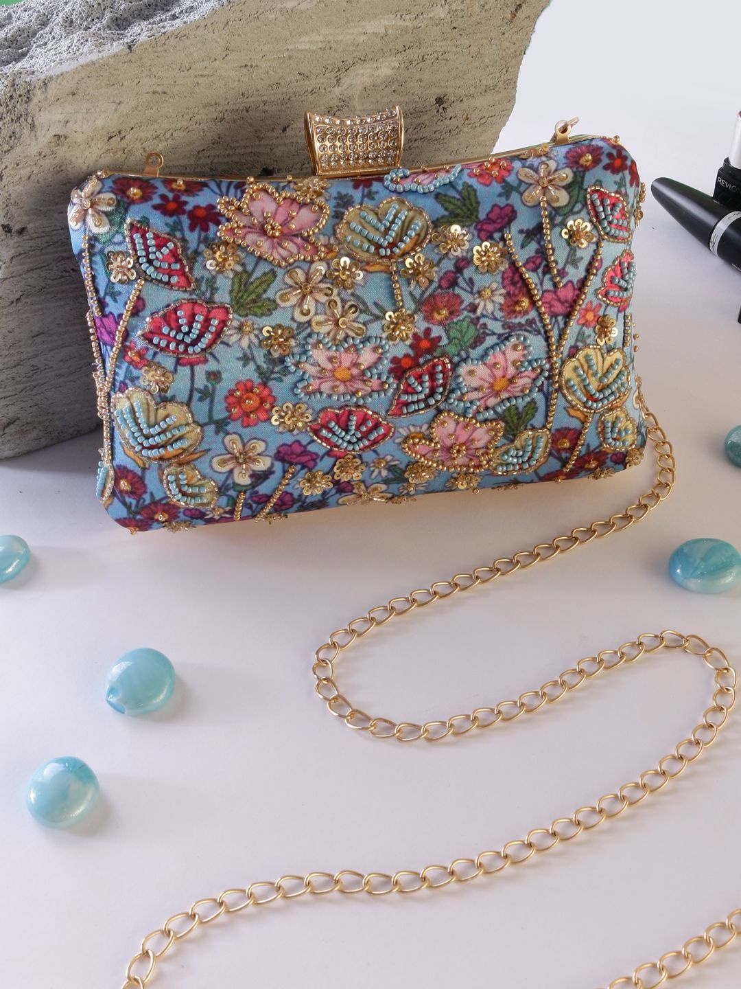 

Swisni Printed Embellished Box Clutch, Blue