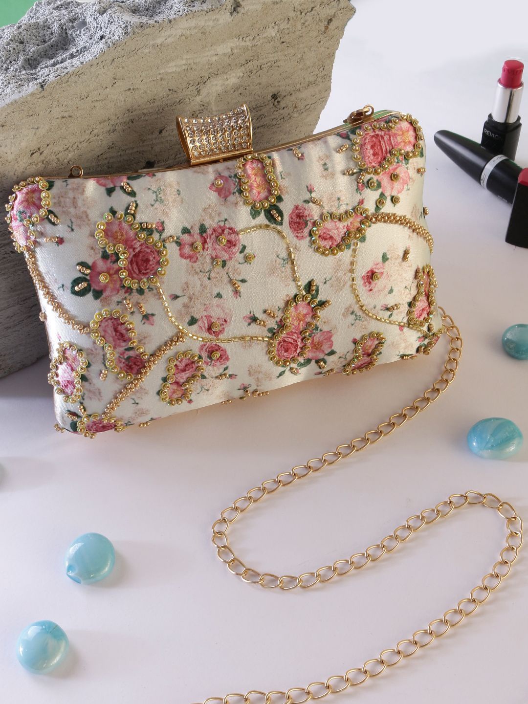 

Swisni Floral Printed Embellished Box Clutch, Cream