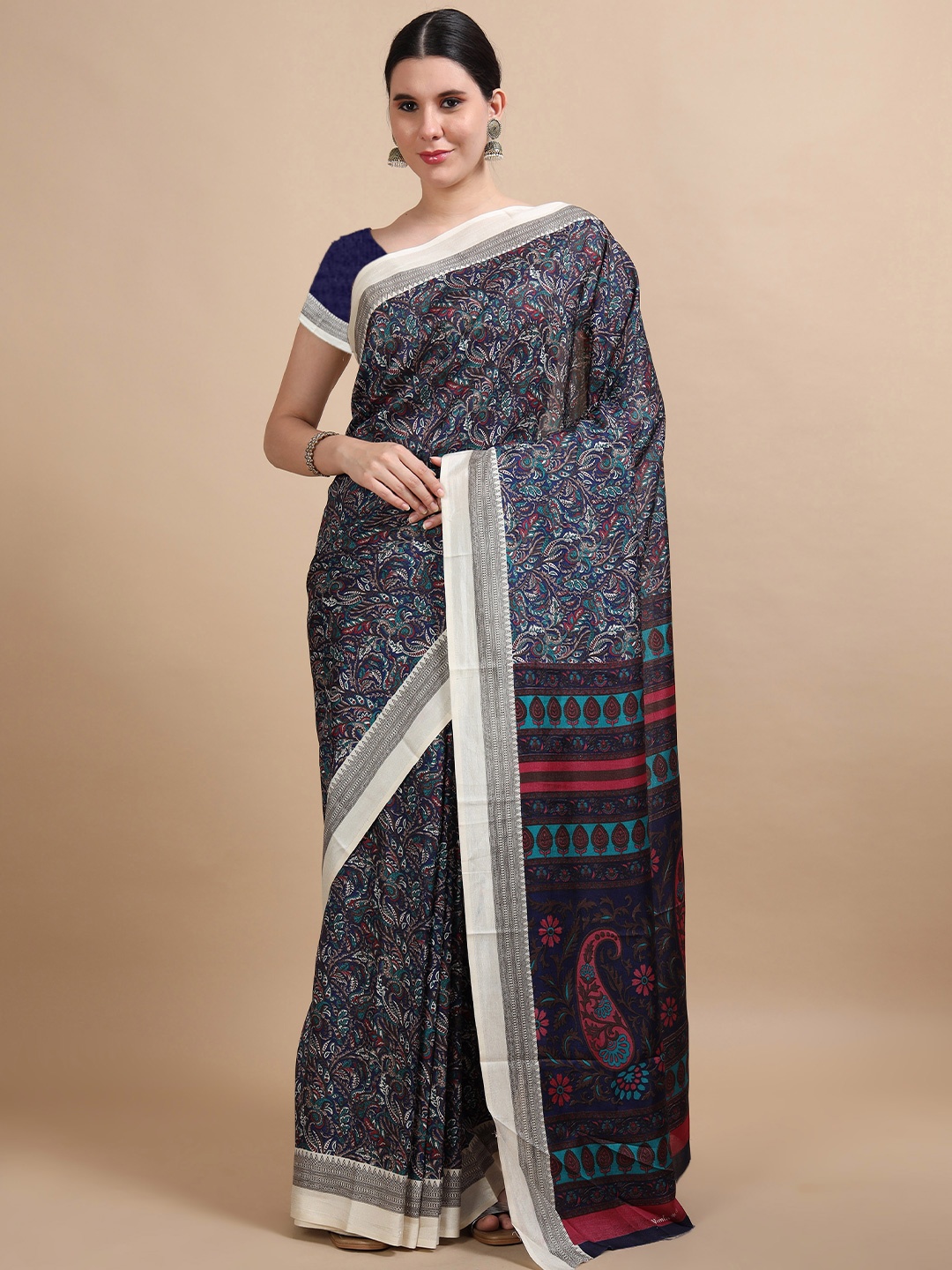 

MIRAAN Floral Printed Saree With Blouse Piece, Blue