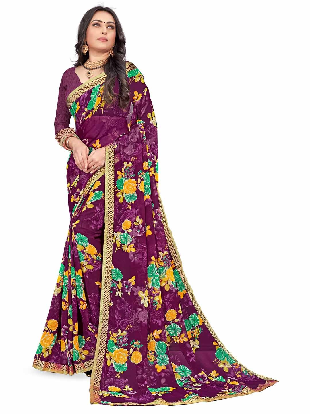 

MIRAAN Floral Printed Pure Chiffon Saree, Purple