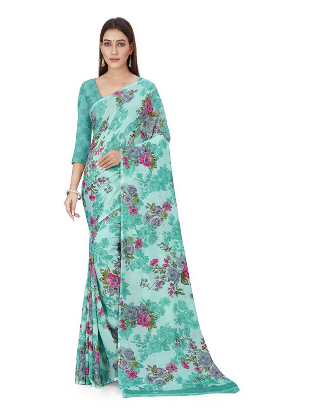 

MIRAAN Floral Pure Georgette Saree, Green