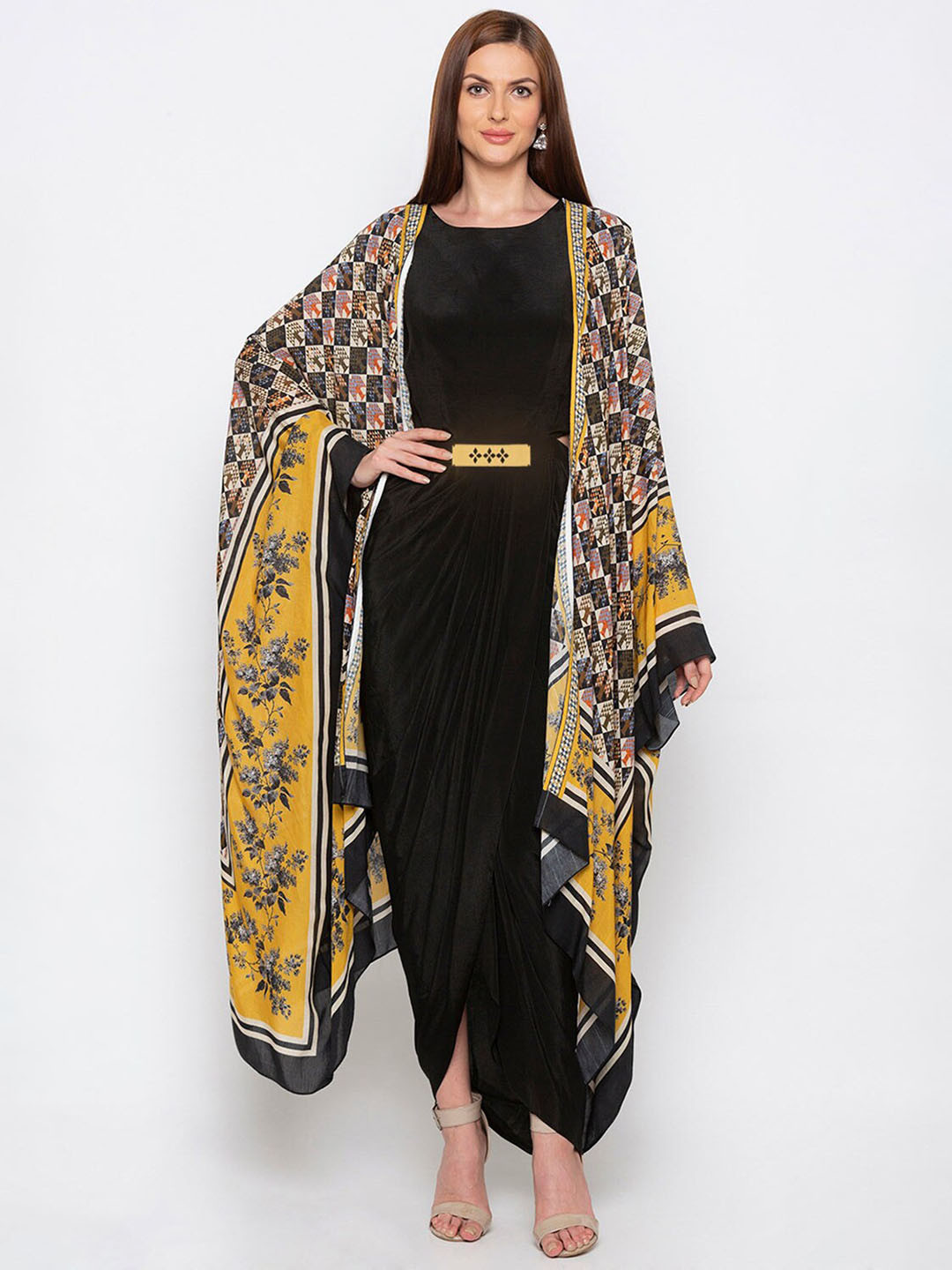 

SOUP BY SOUGAT PAUL Printed Kimono Sleeve Crepe Kaftan Maxi Dress with printed cape, Black