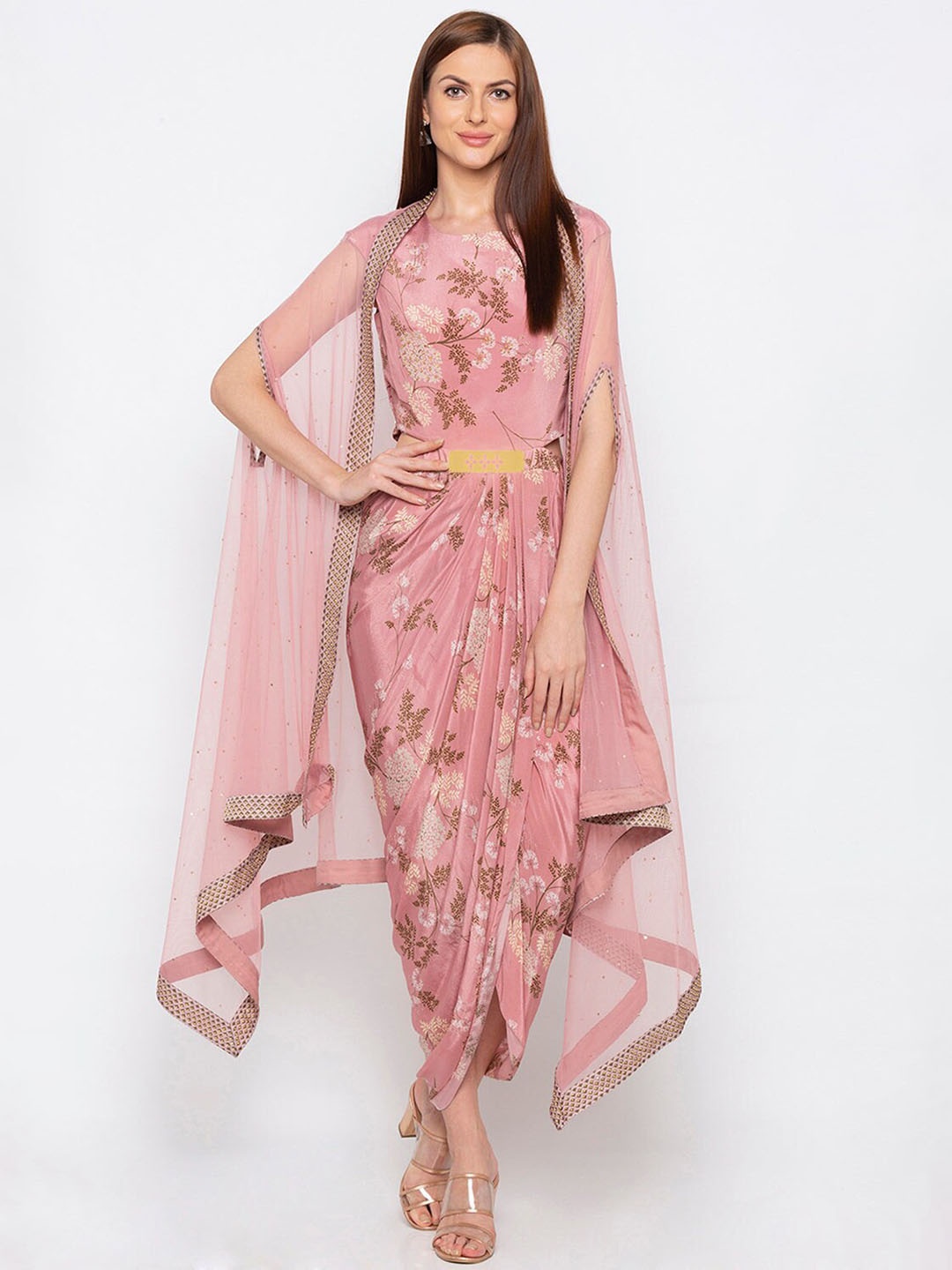 

SOUP BY SOUGAT PAUL Floral Printed Kimono Sleeve Crepe Kaftan Maxi Dress With Cape, Pink