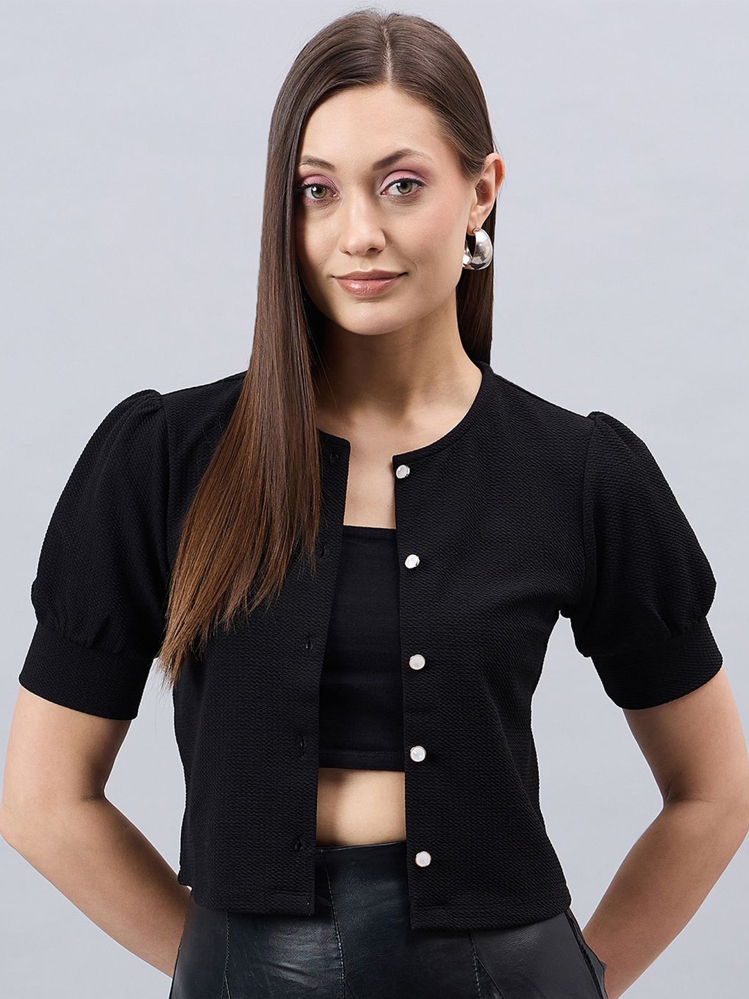 

Style Quotient Round Neck Open Front Shrug, Black