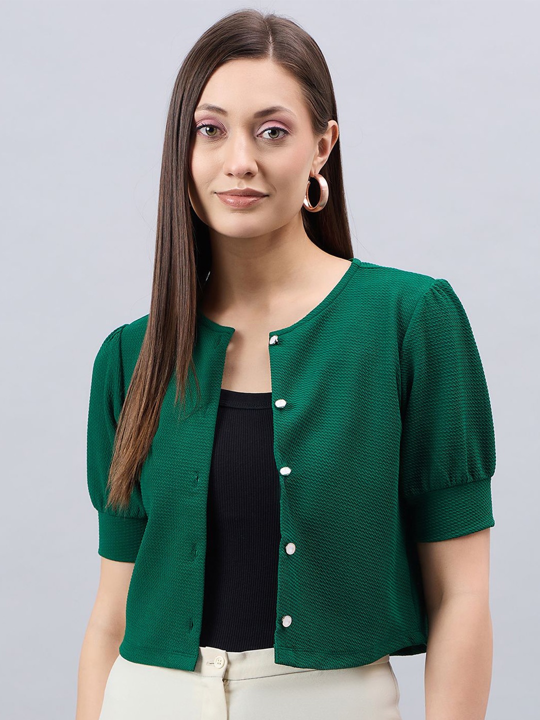 

Style Quotient Round Neck Open Front Shrug, Green
