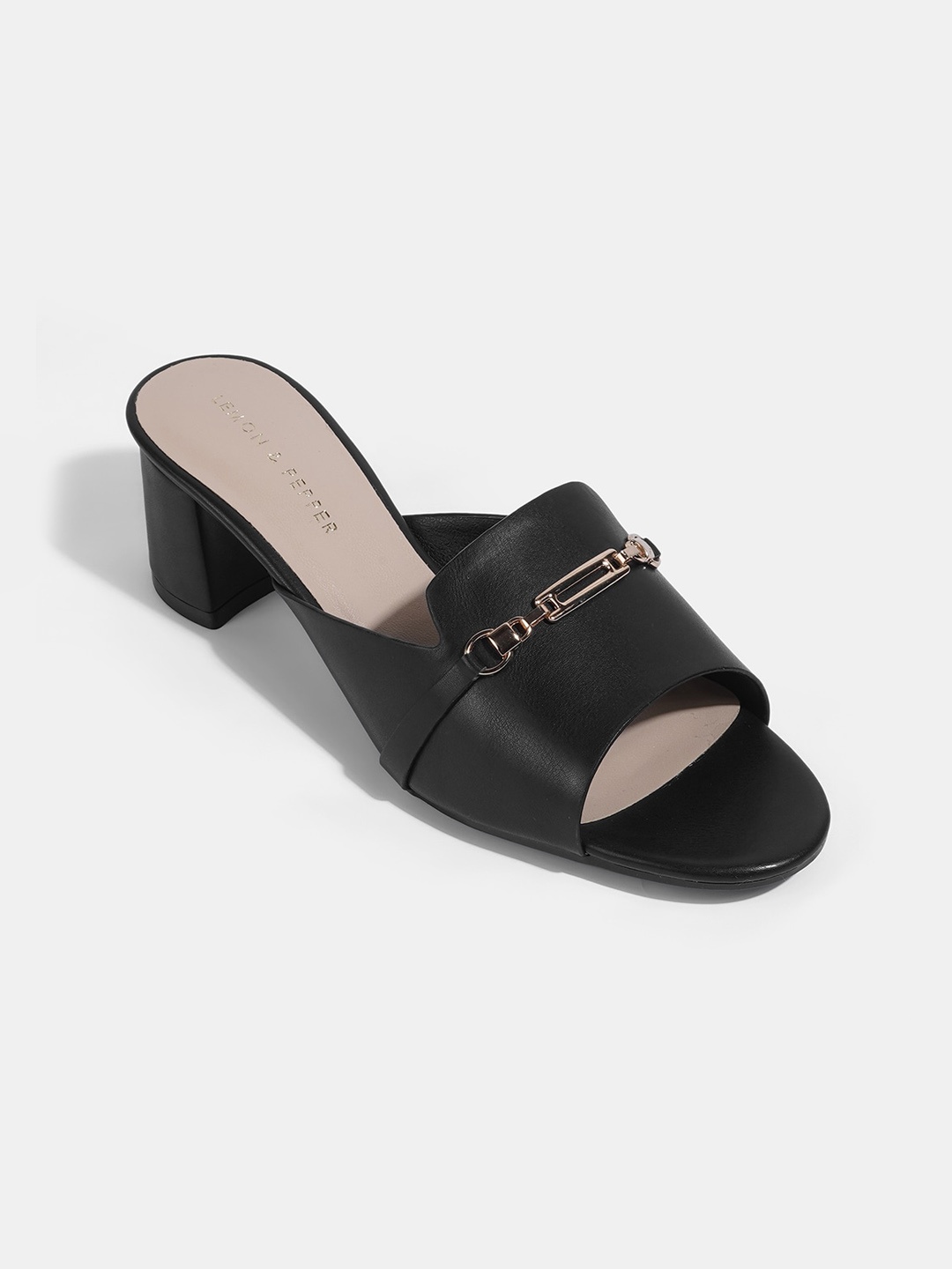 

LEMON & PEPPER Open Toe Block Heel Mules, Black