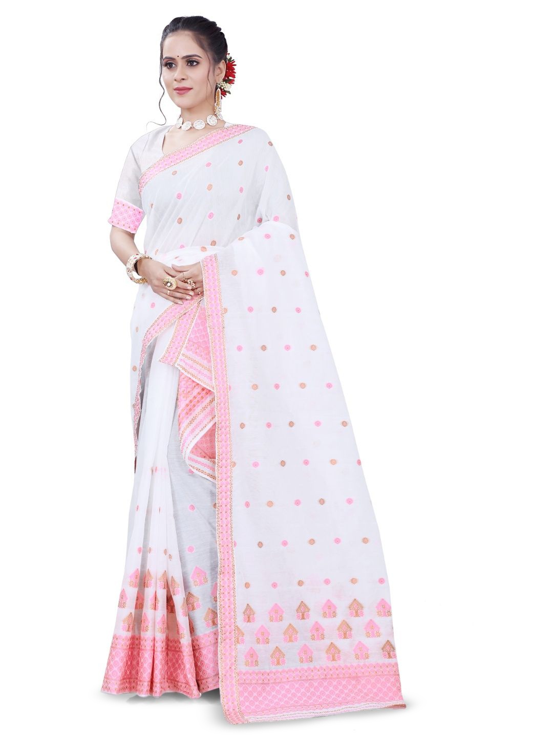 

Skiran's Assamese Mekhela Chador Woven Design Saree, Pink