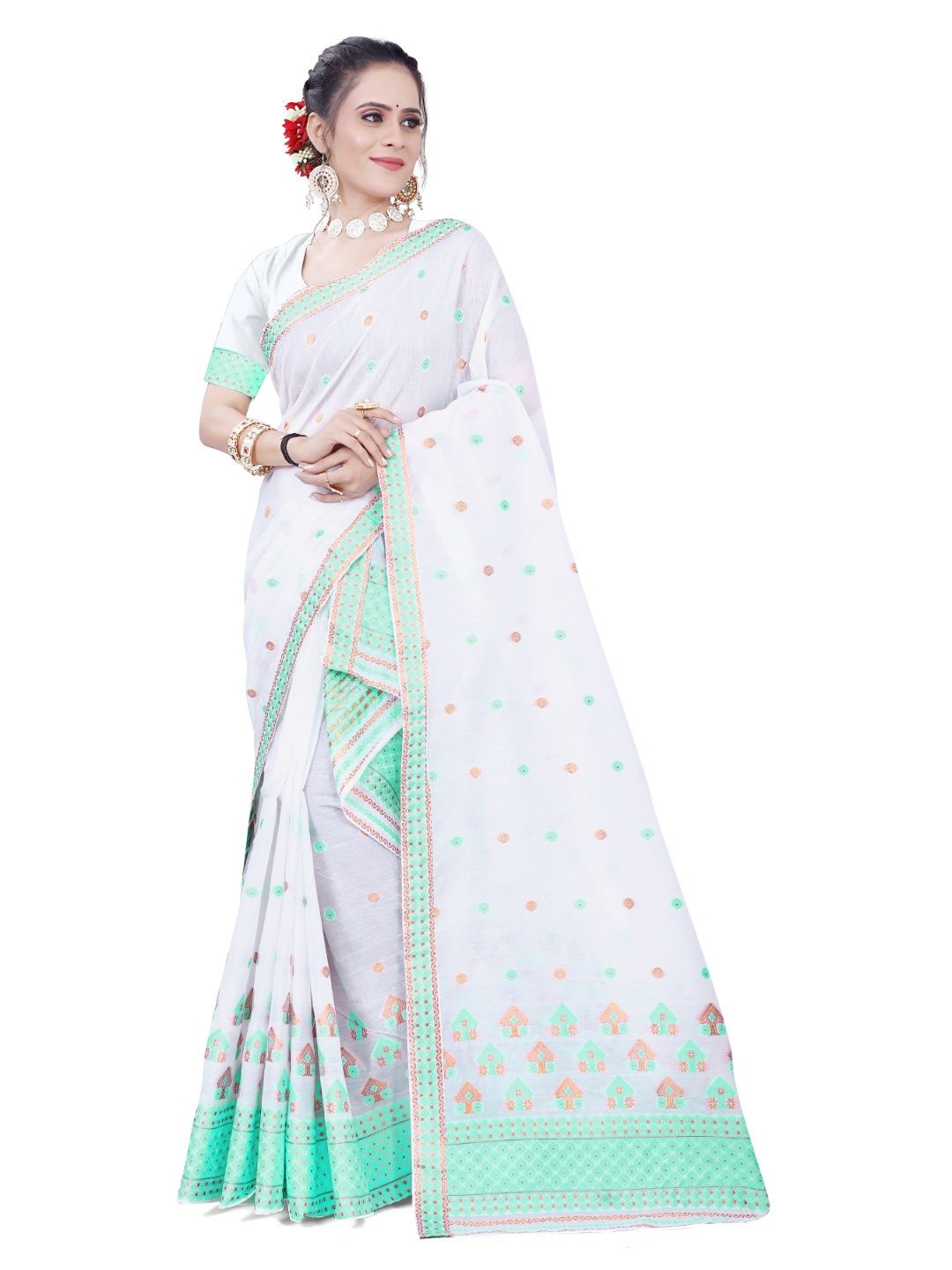 

Skiran's Assamese Mekhela Chador Woven Design Saree, Sea green