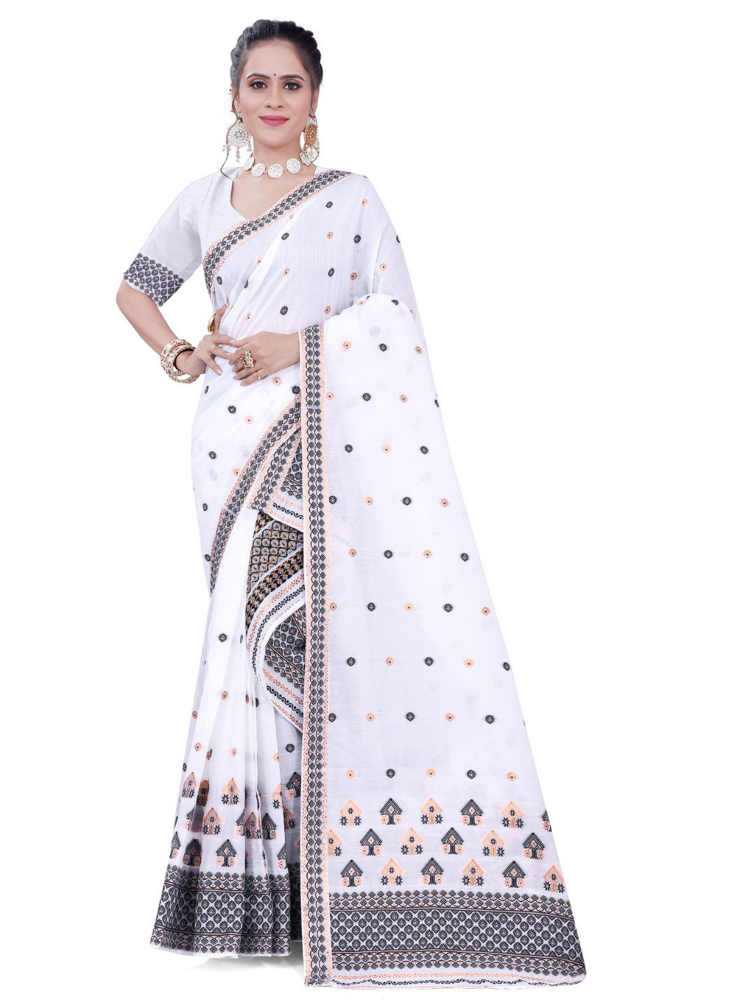 

Skiran's Assamese Mekhela Chador Woven Design Saree, White