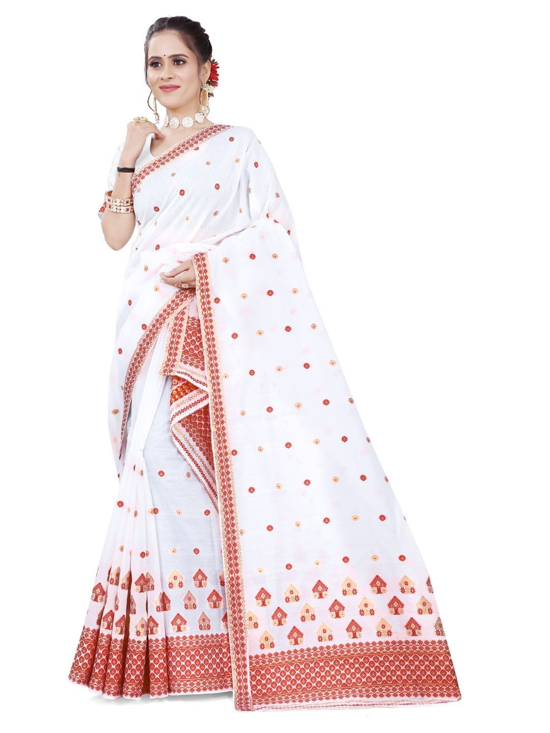 

Skiran's Assamese Mekhela Chador Woven Design Saree, Red