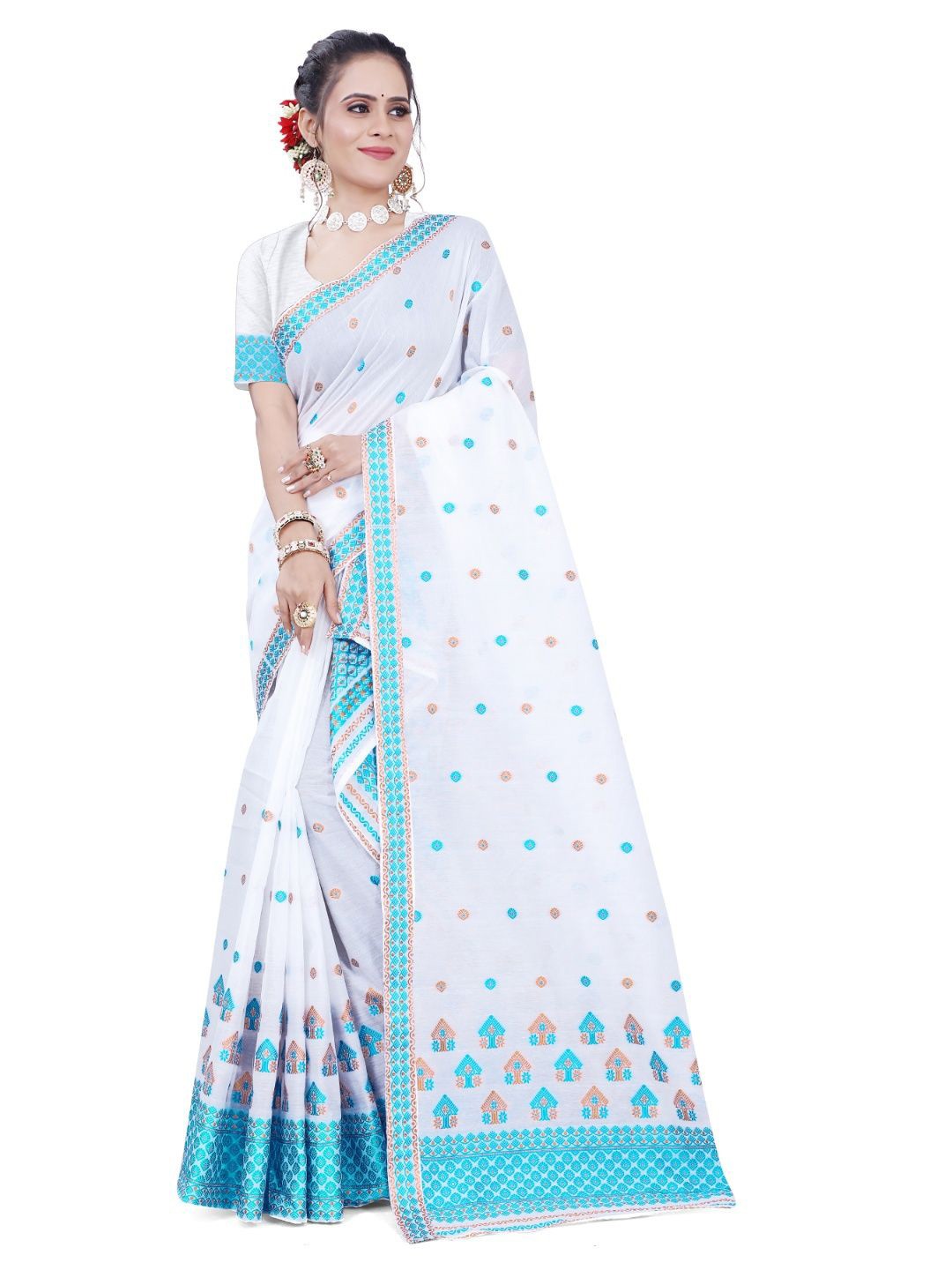 

Skiran's Assamese Mekhela Chador Woven Design Saree, White