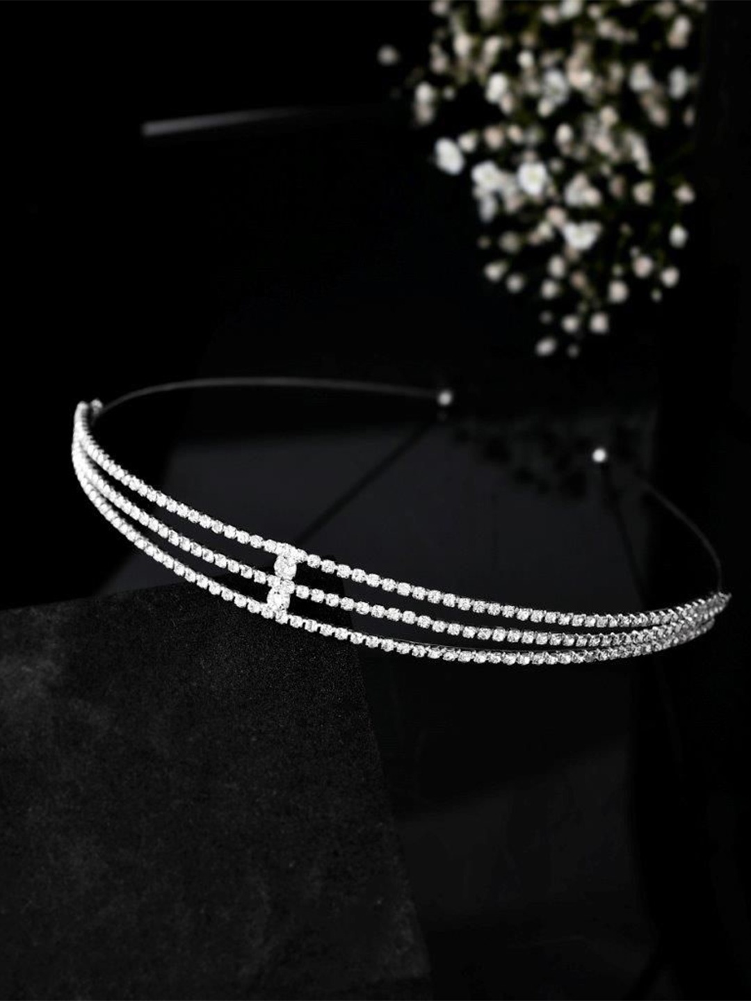 

VOJ Silver Plated American Diamond Studded & Beaded Hairband