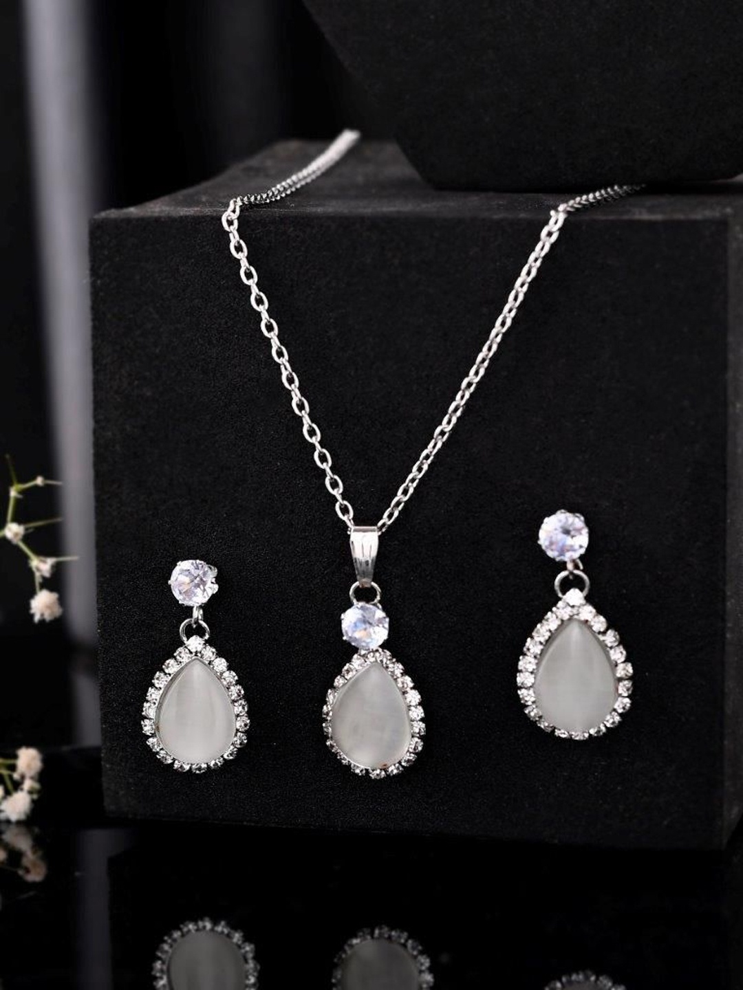 

VOJ Silver-Plated Stainless Steel American Diamond-Studded Jewellery Set