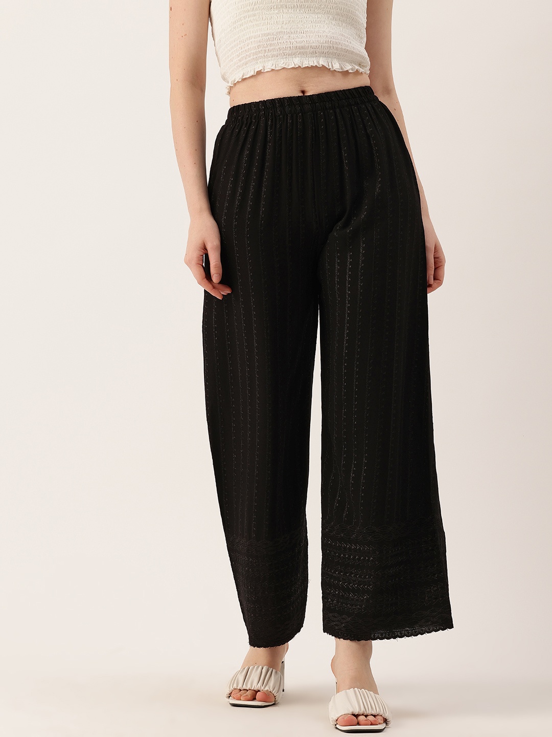 

FERANOID Women Embroidered Flared Palazzos, Black