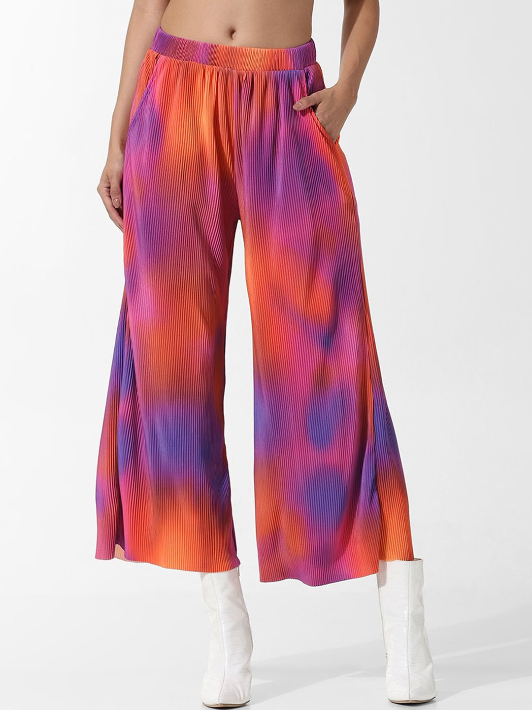 

ONLY ONL UEXLEXIS Women Tie and Dye Flared High-Rise Pleated Trouser, Orange