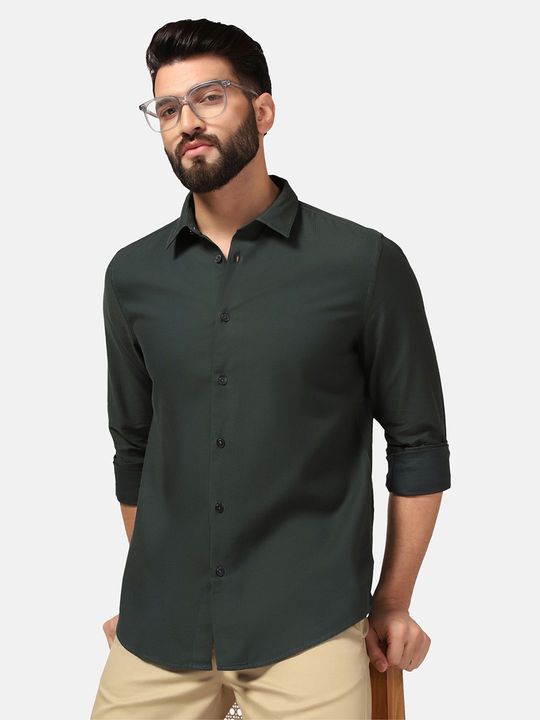 

Blackberrys Spread Collar Long Sleeves Slim Fit Cotton Casual Shirt, Green
