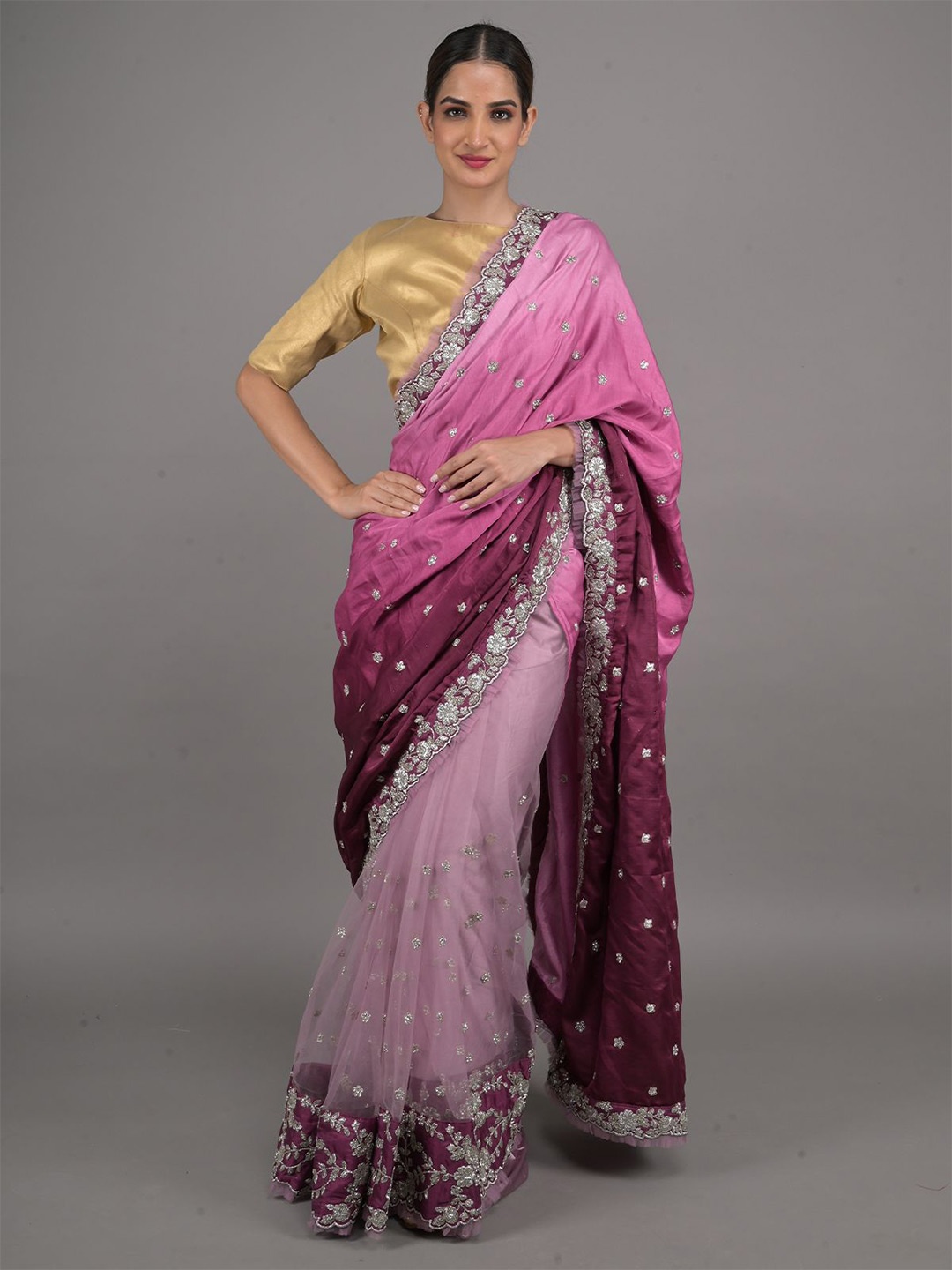 

ODETTE Floral Embroidered Satin Saree, Purple