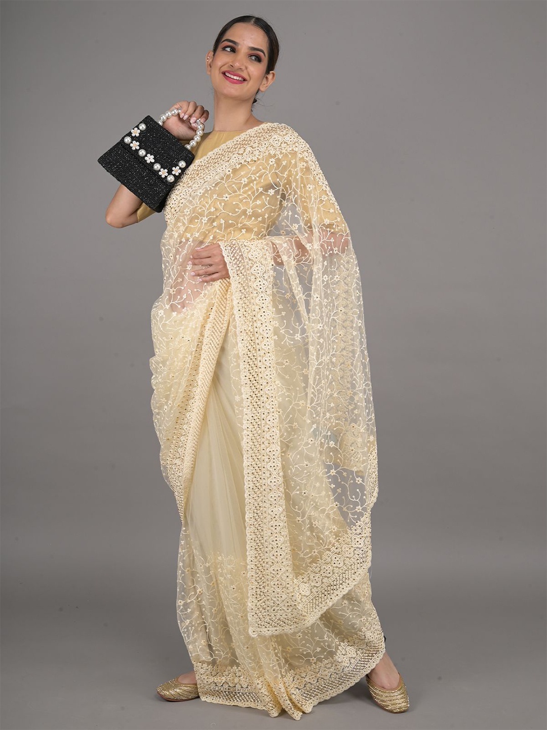 

ODETTE Floral Embroidered Net Saree, Cream