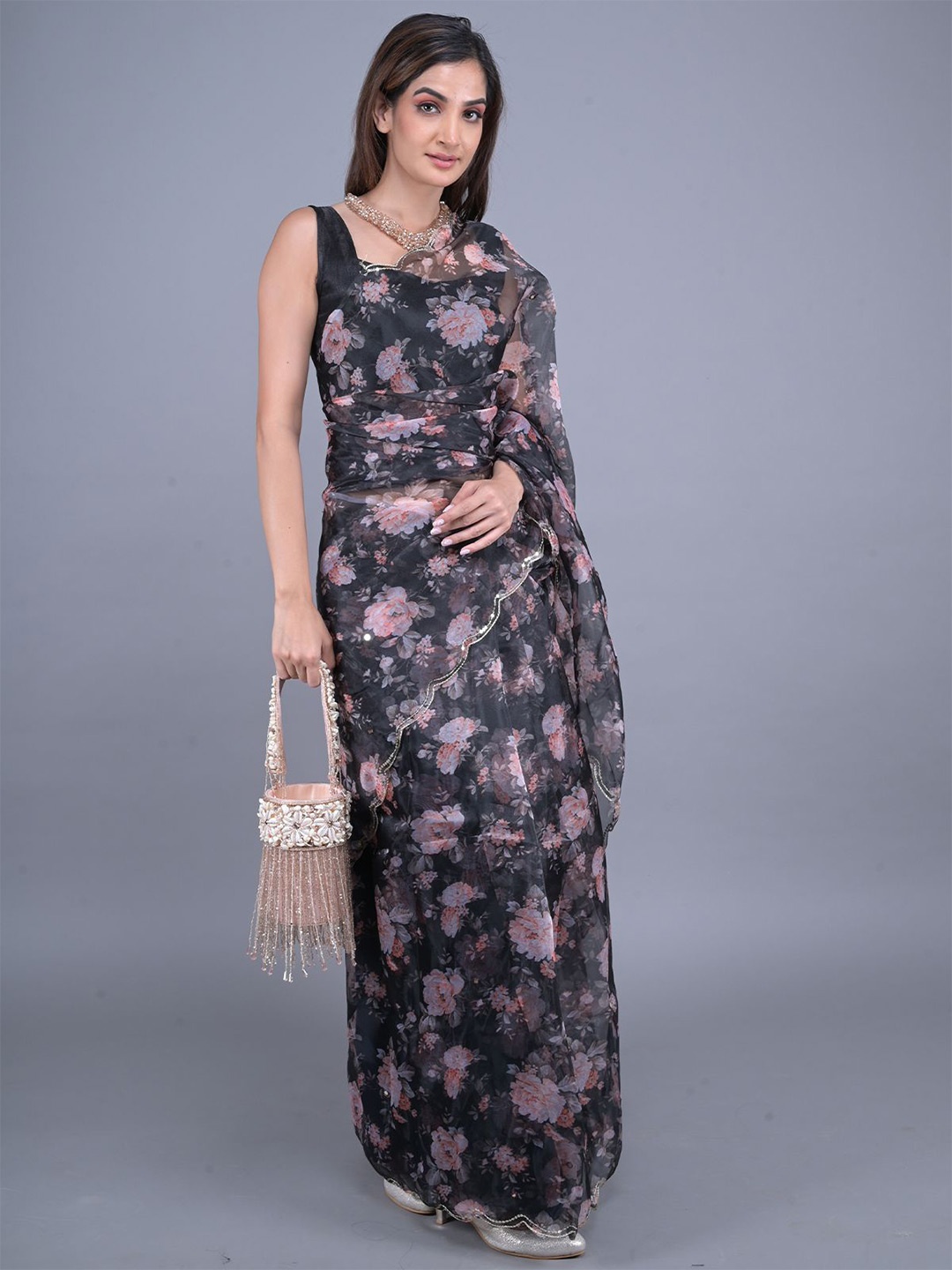 

ODETTE Floral Organza Saree, Black
