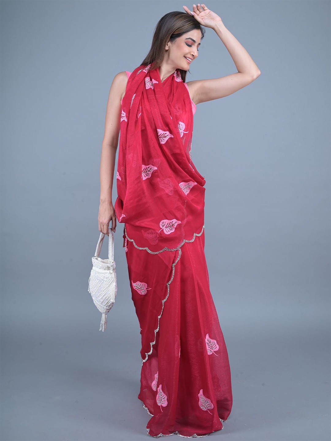 

ODETTE Embellished Beads and Stones Saree, Red