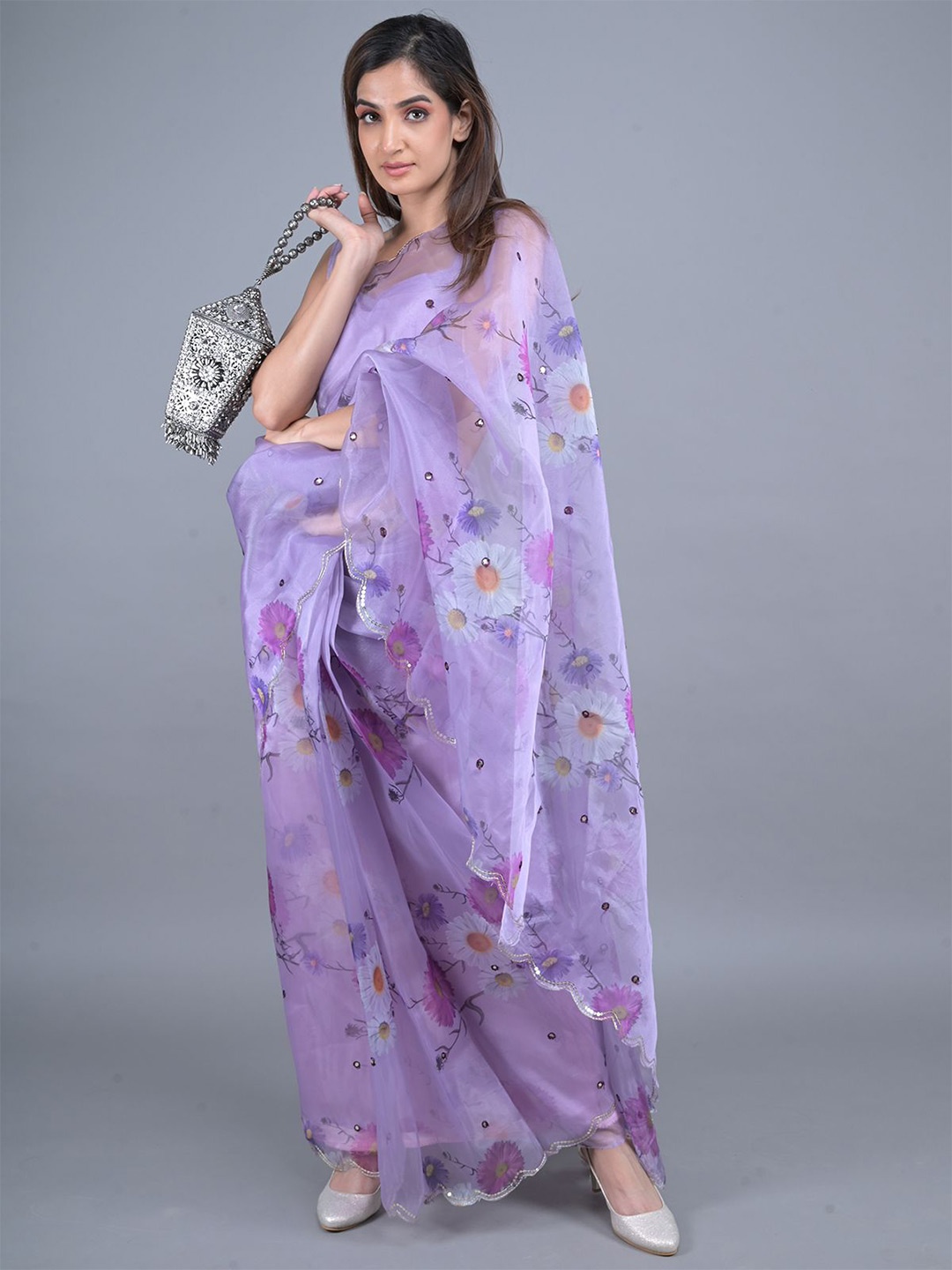 

ODETTE Floral Sequinned Organza Saree, Lavender