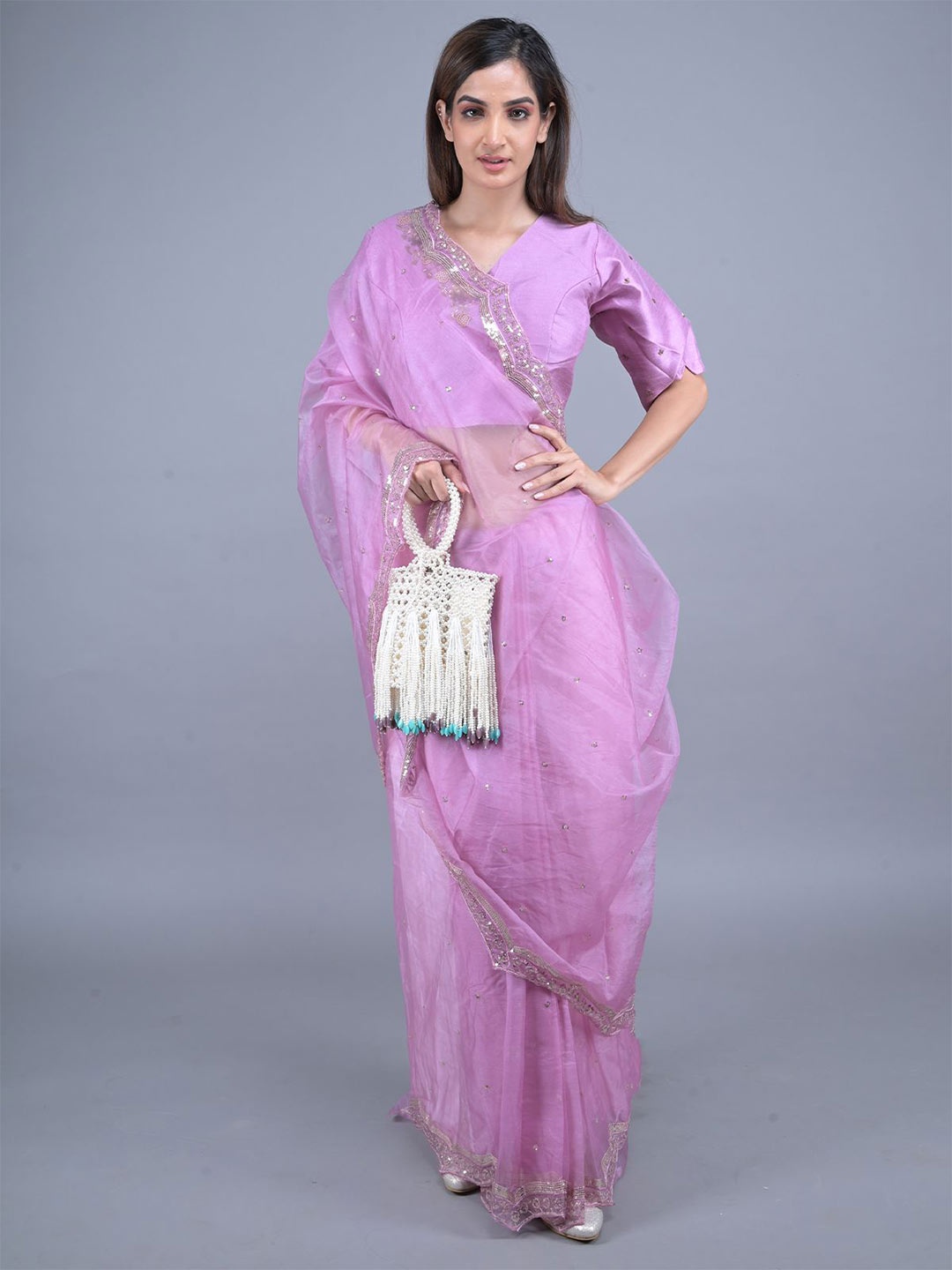 

ODETTE Embellished Sequinned Organza Saree, Lavender