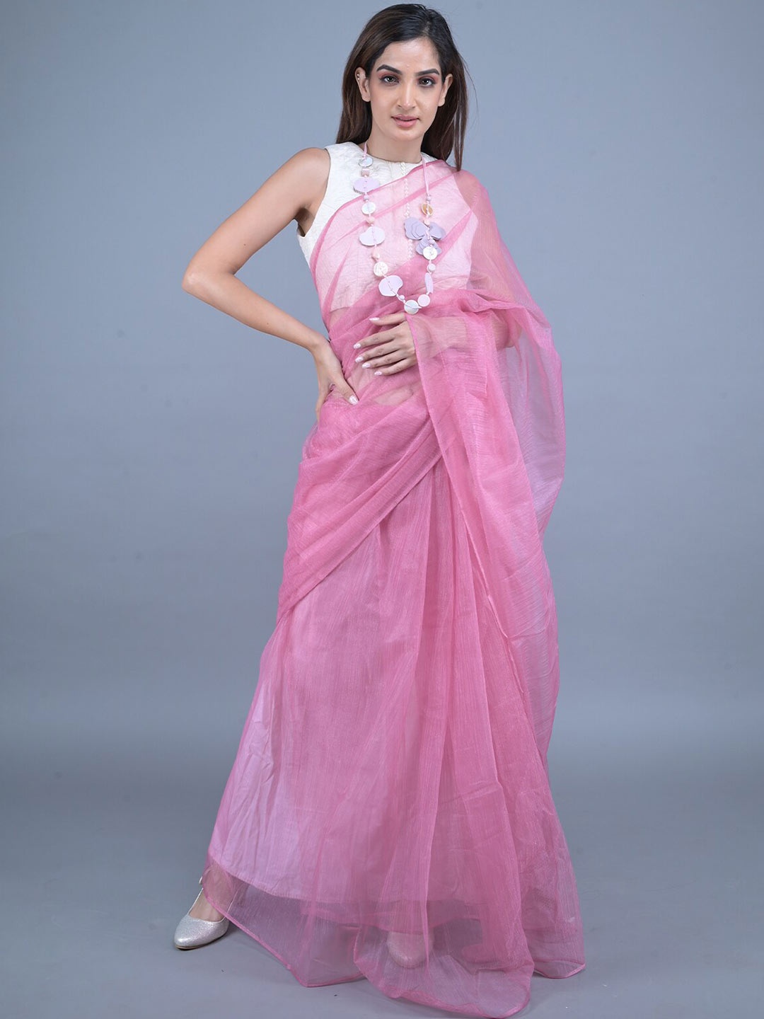 

ODETTE Beads and Stones Net Saree, Pink